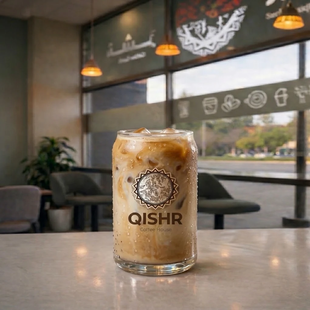 Iced latte on the counter with the Qishr Coffee House interior behind it