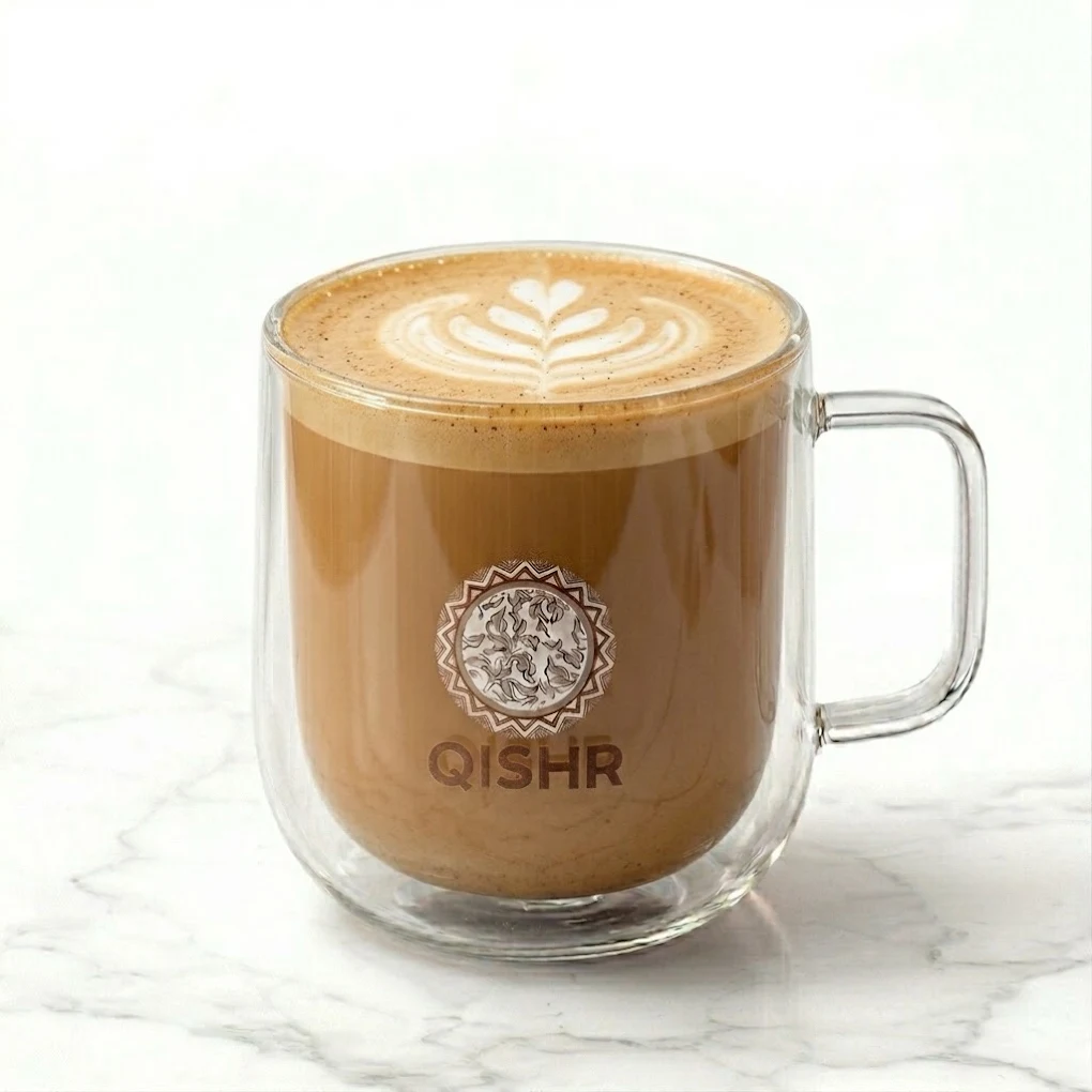 Latte with leaf-pattern latte art in a glass mug
